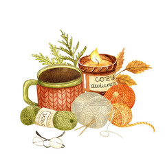 Watercolor cozy autumn illustration. Hand painted element for handmade design.