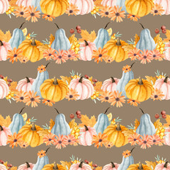 Obraz premium Watercolor autumn seamless pattern with hand drawn pumpkins, autumn leaves for autumn decoration on coffee background