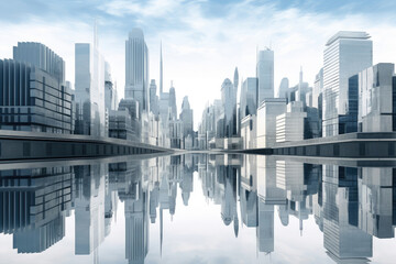 Fototapeta premium Futuristic Cityscape with Reflective Skyscrapers and Blue Sky