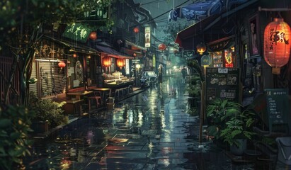 A small street in the middle of rural Japan, brimming with businesses, raining weather, nighttime, anime artwork