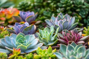 A calming close up shot of a succulent garden with various textures and vibrant colors.