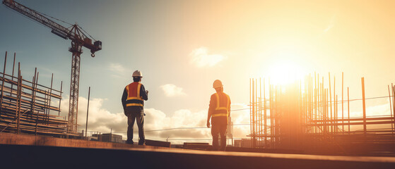 Fototapeta premium Construction Workers Overlooking Site at Sunset