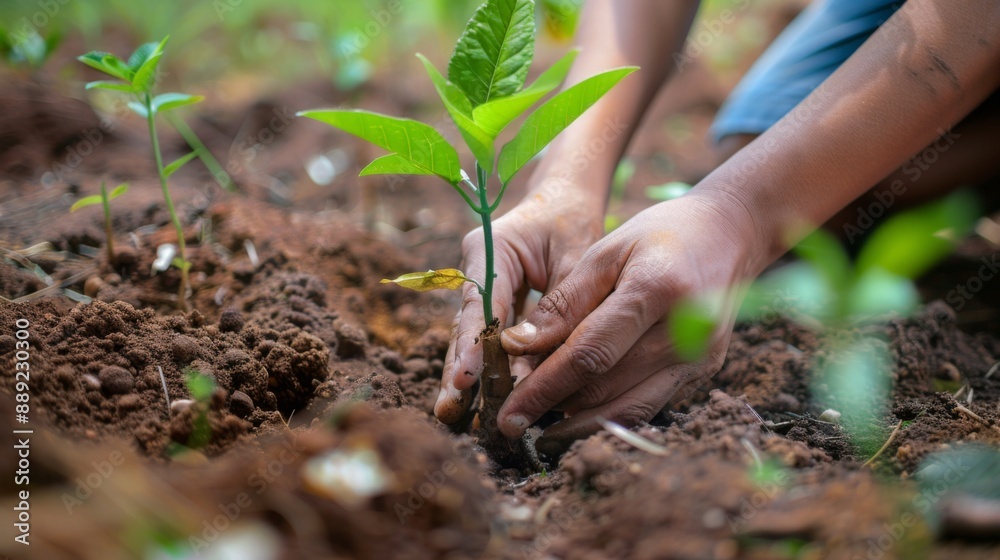 Poster close-up of hands planting a young tree as part of reforestation efforts to combat global warming.