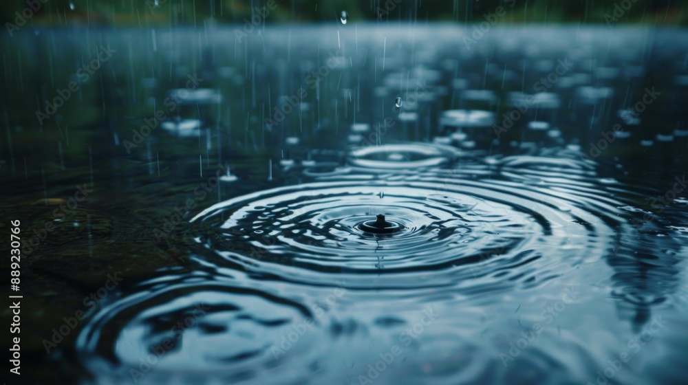 Aufkleber Close-up of rain hitting a lake surface, creating concentric circles and small splashes.