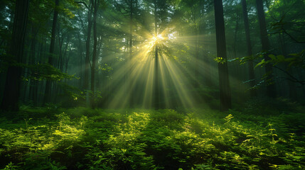 Obraz premium A bright light shone into the forest amidst the darkness.