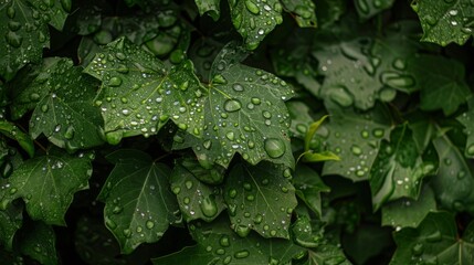 Obraz premium Close-up of rain-soaked leaves with water droplets glistening under soft natural light.