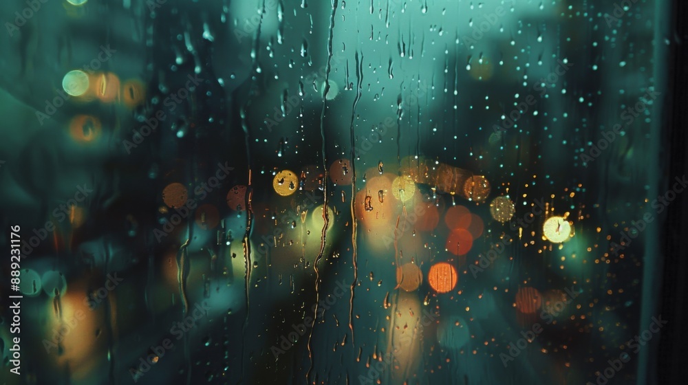 Aufkleber close-up of raindrops falling on a windowpane, distorting the view of a blurred urban landscape.