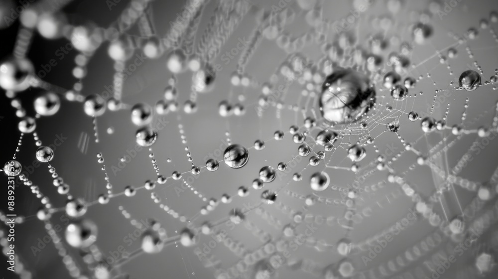 Poster close-up of raindrops on a spider's web, highlighting the intricate patterns and water tension.