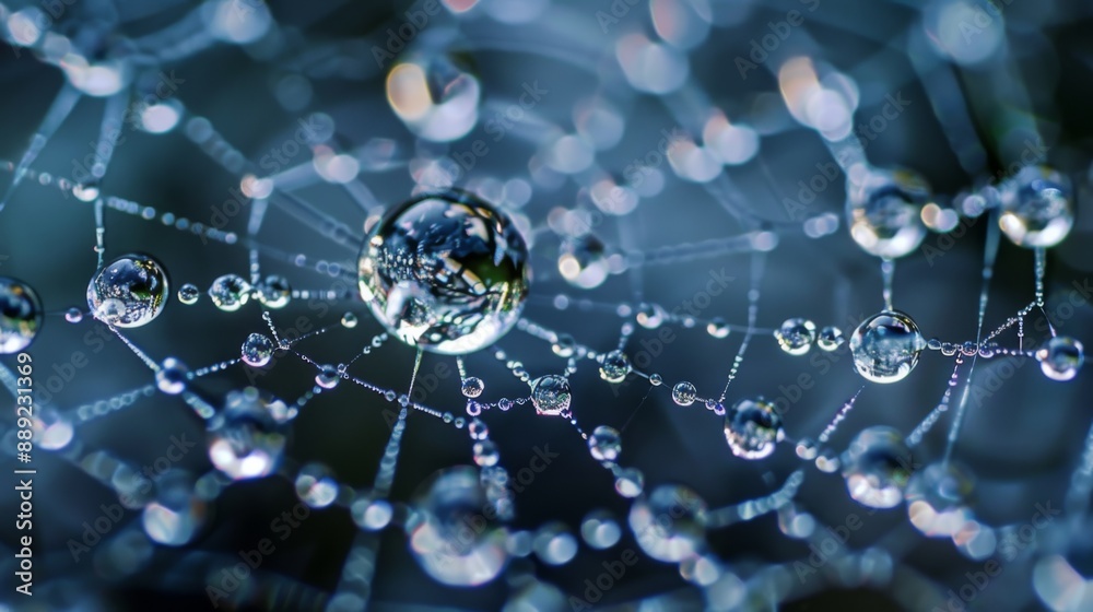 Poster close-up of raindrops on a spider's web, highlighting the intricate patterns and water tension.