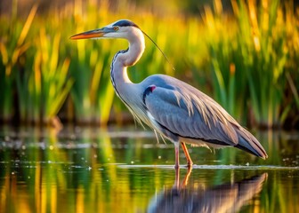 Fototapeta premium Grey heron also known as Ardea cinerea is a tall predatory wading bird that is skilled at fishing and eating