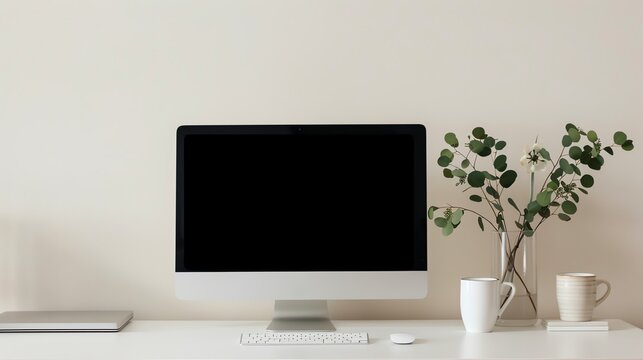 Modern desktop setup with a sleek computer, a potted plant, and a clean minimalist design. Perfect for remote work, productivity, and creativity.