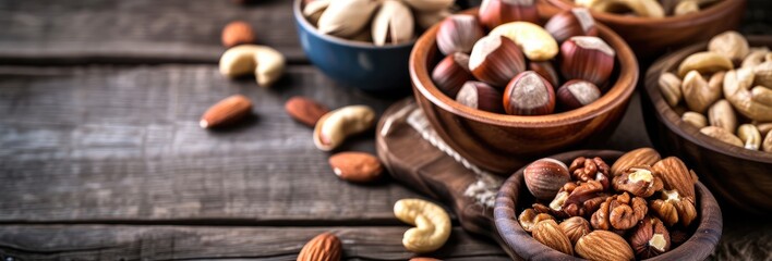 Fototapeta premium Assorted Nuts in Bowls on Textured Wood Surface