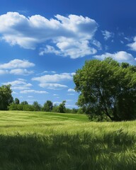 Peaceful Green Field Under a Clear Blue Sky