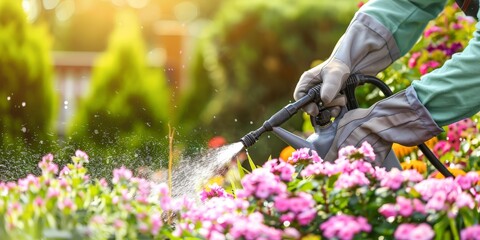 Gardener wearing gloves and spraying water on blooming flowers in a sunny garden.