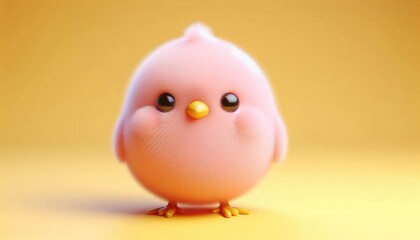 a small pink chicken stand on the yellow background