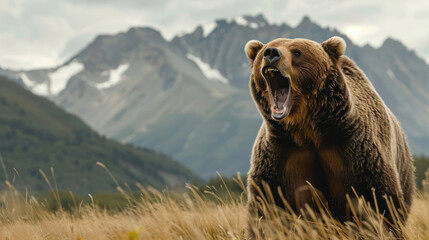 Obraz premium Majestic brown bear (Ursus arctos) roaring in the wilderness, with mountains in the background