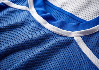 Close-up shot of a crisp, clean, blue and white athletic jersey with textured fabric and intricate stitching, lying flat on a plain background.
