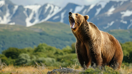 Fototapeta premium Majestic brown bear (Ursus arctos) roaring in the wilderness, with mountains in the background