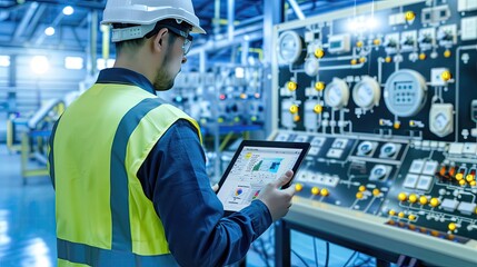 A worker wearing a hard hat and safety glasses uses a tablet to monitor a control panel in a factory setting