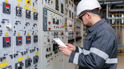 A worker wearing a hard hat and safety glasses uses a tablet to monitor a control panel in a factory setting