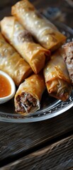 Crispy fried spring rolls filled with savory beef and served with a side of tangy dipping sauce on a wooden table.