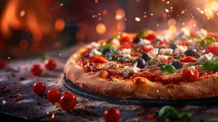 Delicious wood-fired pizza topped with fresh ingredients, including olives, basil, and tomatoes, against a fiery background. Perfect for food lovers!