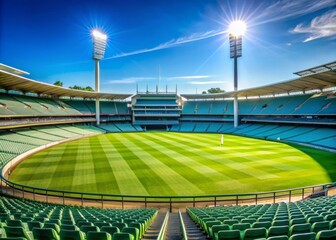 A majestic cricket stadium stands empty, its lush green pitch surrounded by bright blue seats and towering floodlights under a clear blue sky.