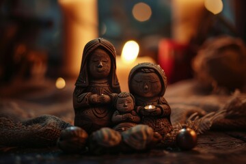 Close-up of Handcrafted Wooden Nativity Scene with Mary, Joseph, and Baby Jesus in Candlelight