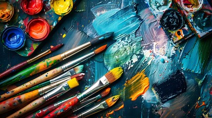 Fototapeta premium A vibrant, colorful image of paintbrushes and various paints on a messy artist's palette and canvas, showcasing artistic creativity.