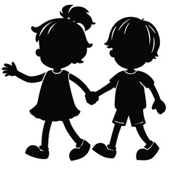 boy and girl holding hands, vector black color silhouette, isolated white background. 