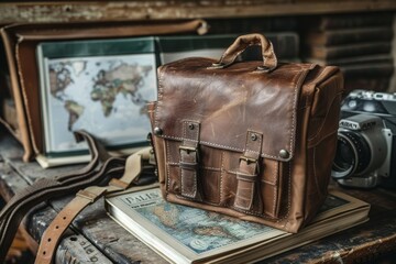 Vintage leather bag with map and globe nostalgic travel scene detailed and artistic inviting setting retro style adventurous vibes cozy atmosphere