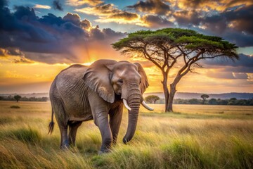 Fototapeta premium Majestic wild elephant walks alone in a serene, sunlit savannah, emphasizing the need for conservation of natural habitats and protection of these gentle giants.