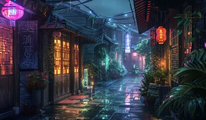 Obraz premium A small street in the middle of rural Japan, brimming with businesses, raining weather, nighttime, anime artwork