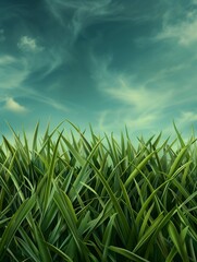 Obraz premium A field of green grass with a cloudy blue sky above