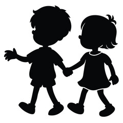 boy and girl holding hands, vector black color silhouette, isolated white background. 