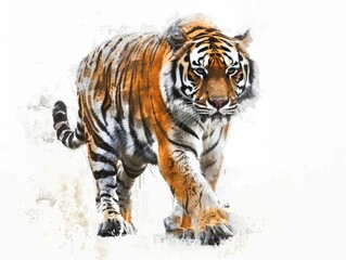 Obraz premium A close-up view of a tiger's face on a white background, suitable for use in designs and illustrations where a bold animal image is needed