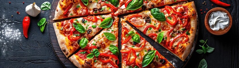 Sliced gourmet pizza with fresh basil leaves, tomatoes, and cheese on a wooden board with spices, pepper, and garlic on a dark background.
