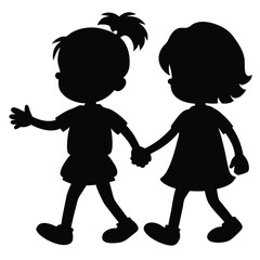 boy and girl holding hands, vector black color silhouette, isolated white background. 