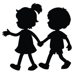 boy and girl holding hands, vector black color silhouette, isolated white background. 