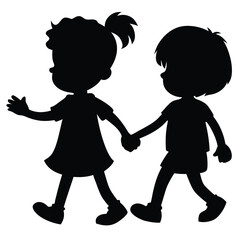 boy and girl holding hands, vector black color silhouette, isolated white background. 