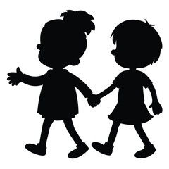 boy and girl holding hands, vector black color silhouette, isolated white background. 