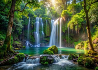 Serenely cascading crystal clear waterfalls surrounded by lush verdant foliage and ancient tree trunks in a misty pristine rainforest, evoking a sense of untouched wilderness.