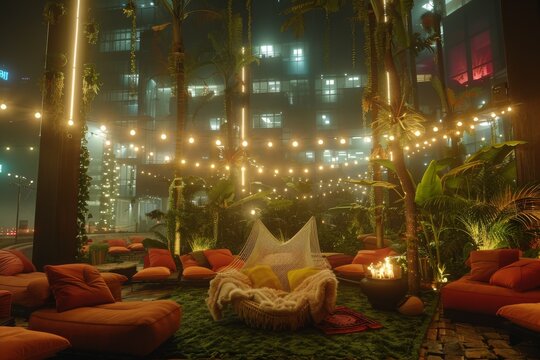 Cozy outdoor lounge with string lights vibrant night scene inviting setting detailed and artistic cheerful atmosphere relaxing vibes