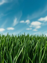 Green grass blades reach up towards a blue summer sky with white clouds