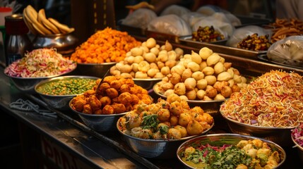 Obraz premium Colorful display of Indian street food snacks like chaat, vada pav, and bhel puri at a market stall.
