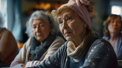 Fototapeta premium A group of elderly and mature women gathered in a room engaged in a cancer support group meeting where they are sharing their personal experiences finding comfort