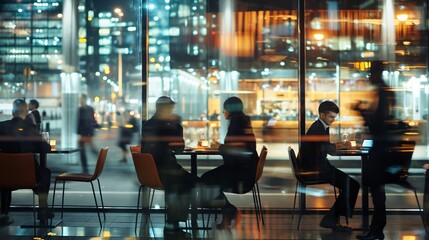 A blurry image of people in a busy office with a window in the background
