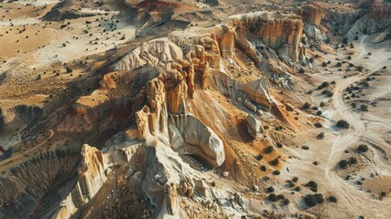 stunning aerial view of desert rock formations , breathtaking desert landscape with rock formations , unique geological formations in the desert , aerial perspective of otherworldly desert rocks