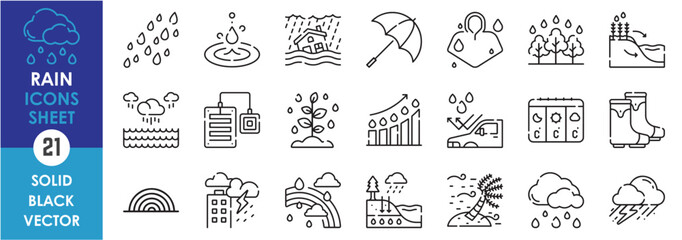 A set of line icons related to rain. Monsoon, rain, sensor, forecast, rainbow, gauge, droplets, flood, storm, thunder, bolt clouds, raincoat, umbrella and so on. Vector outline icons set.