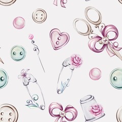 Watercolor pink seamless pattern vintage needles, buttons, scissors, pins with Flowers and curl. Sewing fashion, retro style for stitch, dressmaker, hobby and craft. Sewing tools, furniture for craft